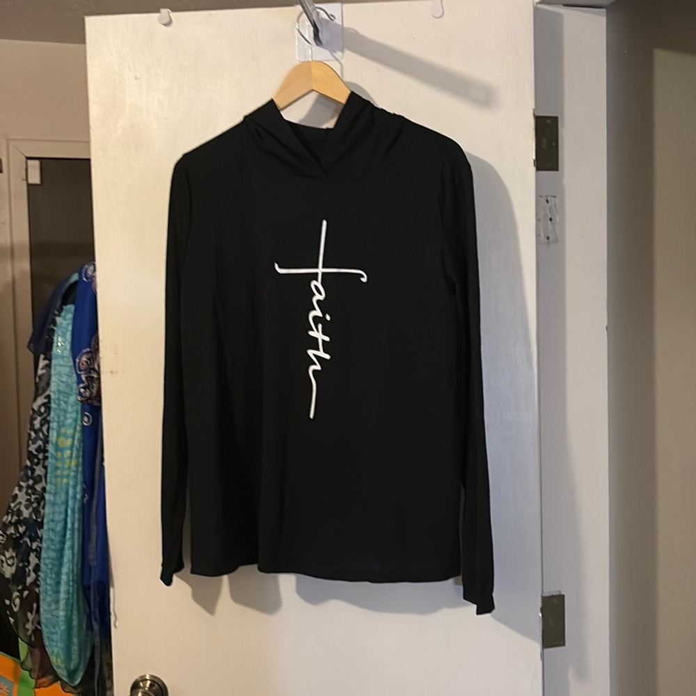Black lightweight hoodie with FAITH in whites on front. Unbranded, new.